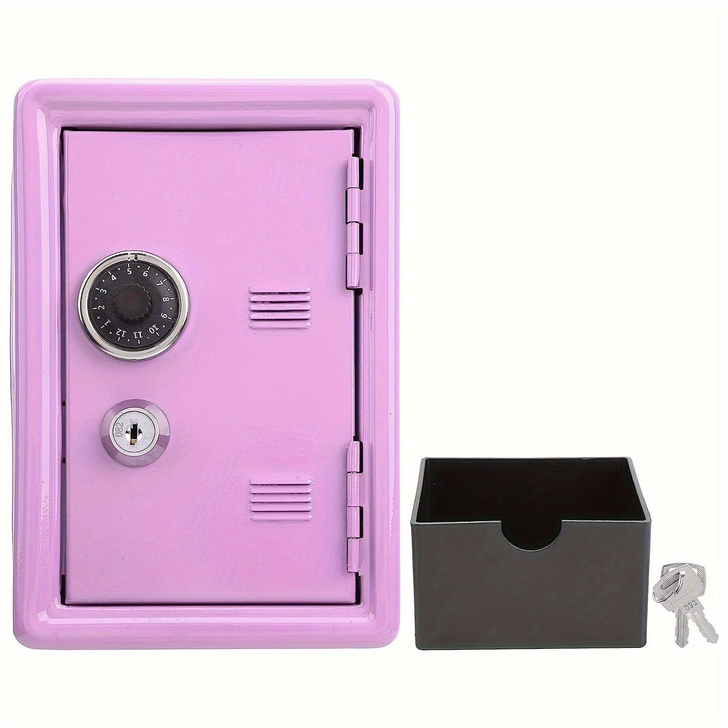 Secure metal money bank with key and combination lock for compact coin storage, ideal gift for cash storage or small gift.