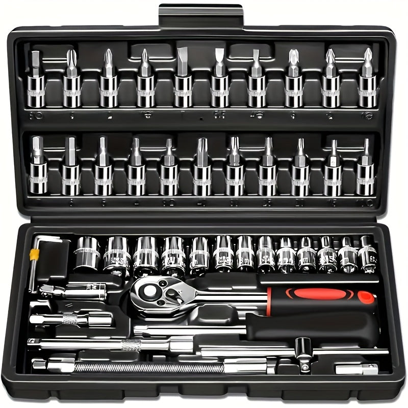 46-piece high-performance Chrome Vanadium Steel socket wrench set for ultimate car repair and maintenance. Ultra-portable and high-torque tools perfect for automotive, bicycle, and