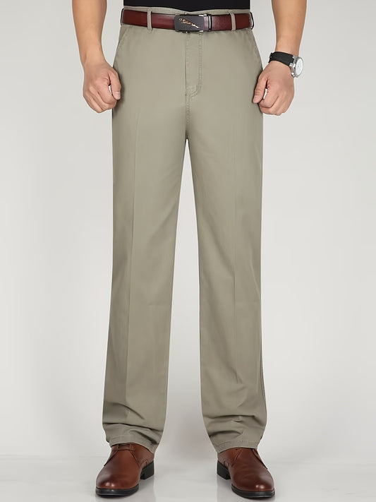 Men's solid straight leg business slacks with versatile draping, light business style.