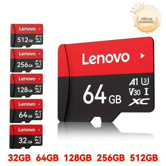 Lenovo High-Speed SD Card, sizes ranging from 32GB to 256GB, with UHS Class 10, V30, and A1 compatibility. Includes Micro SD adapter for multiple devices.