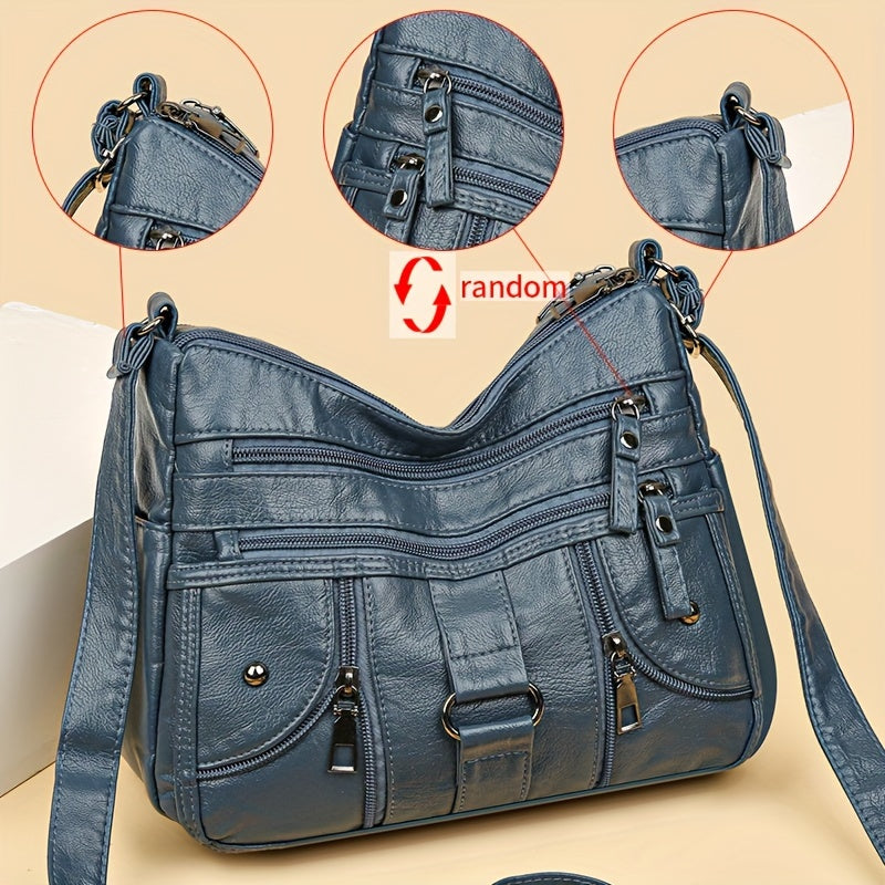 Women's synthetic leather crossbody bag with adjustable strap and anti-theft zipper closure. Large capacity with polyester lining, solid color, and multi-pocket design. Ideal for everyday