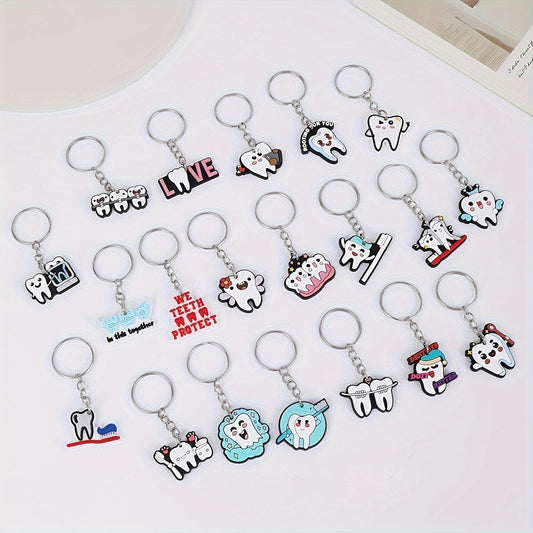 Set of 20 PVC Keychains featuring Adorable Cartoon Teeth and Dental Tools, Anime-Inspired Key Rings with Toothbrush, Toothpaste, and Dentist Charms - Perfect for Birthday Party Favors and Decorative Car Keys - Various Designs Included