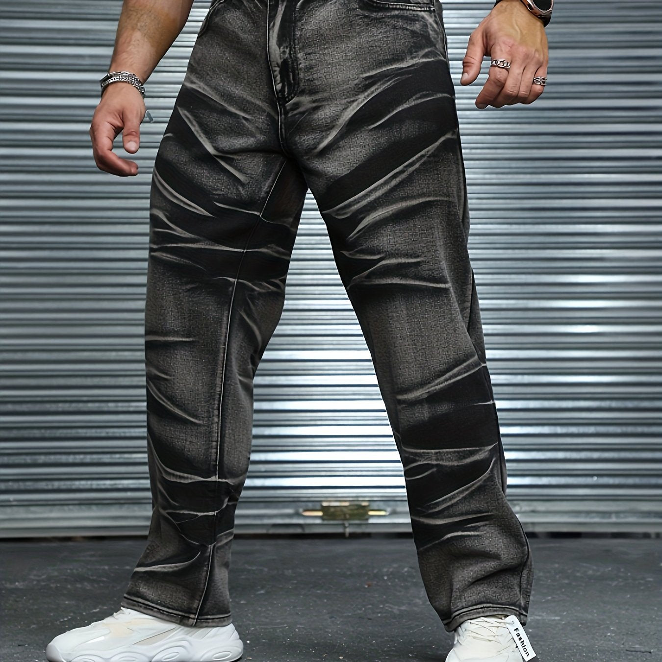 Men's plus size tie-dye denim jeans with unique asymmetrical design