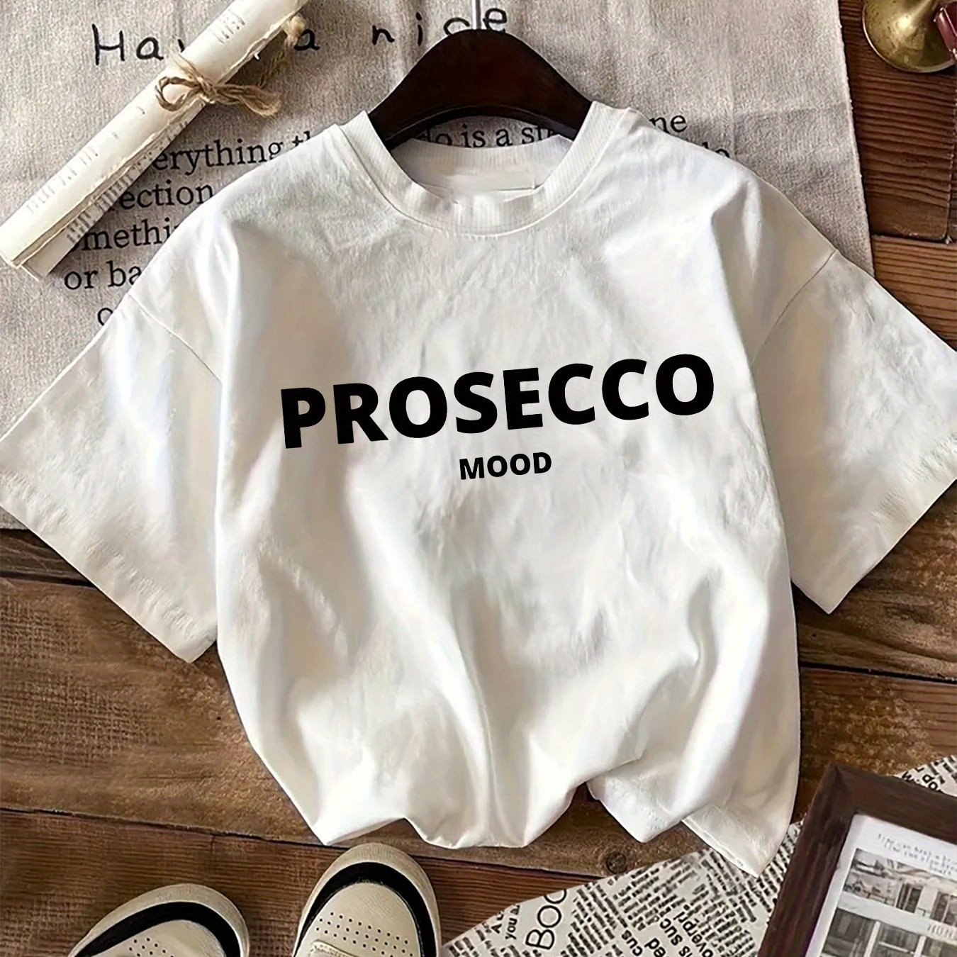 100% knit fabric women's t-shirt with "PROSECCO MOOD" letter print, crew neck, short sleeves, all-season regular length tee - 180gsm.