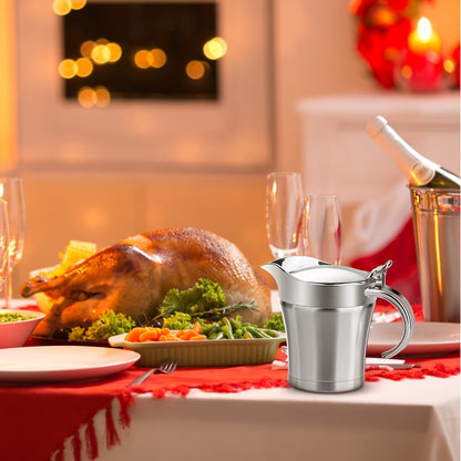 Insulated stainless steel gravy boat with hinged lid, perfect for Thanksgiving gravy or cream (450ml/16 oz).