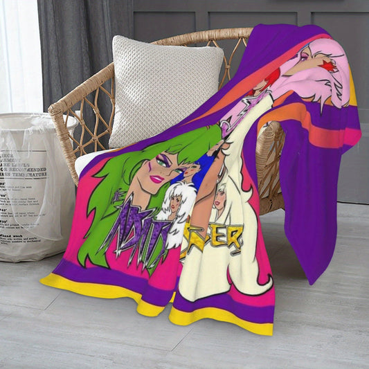 Jem and The Holograms Vibrant Throw Blanket is the perfect all-season accessory for your home. Featuring a colorful digital print of cartoon characters, this cozy flannel blanket is stain-resistant and perfect for bed, sofa, office, or travel. Machine