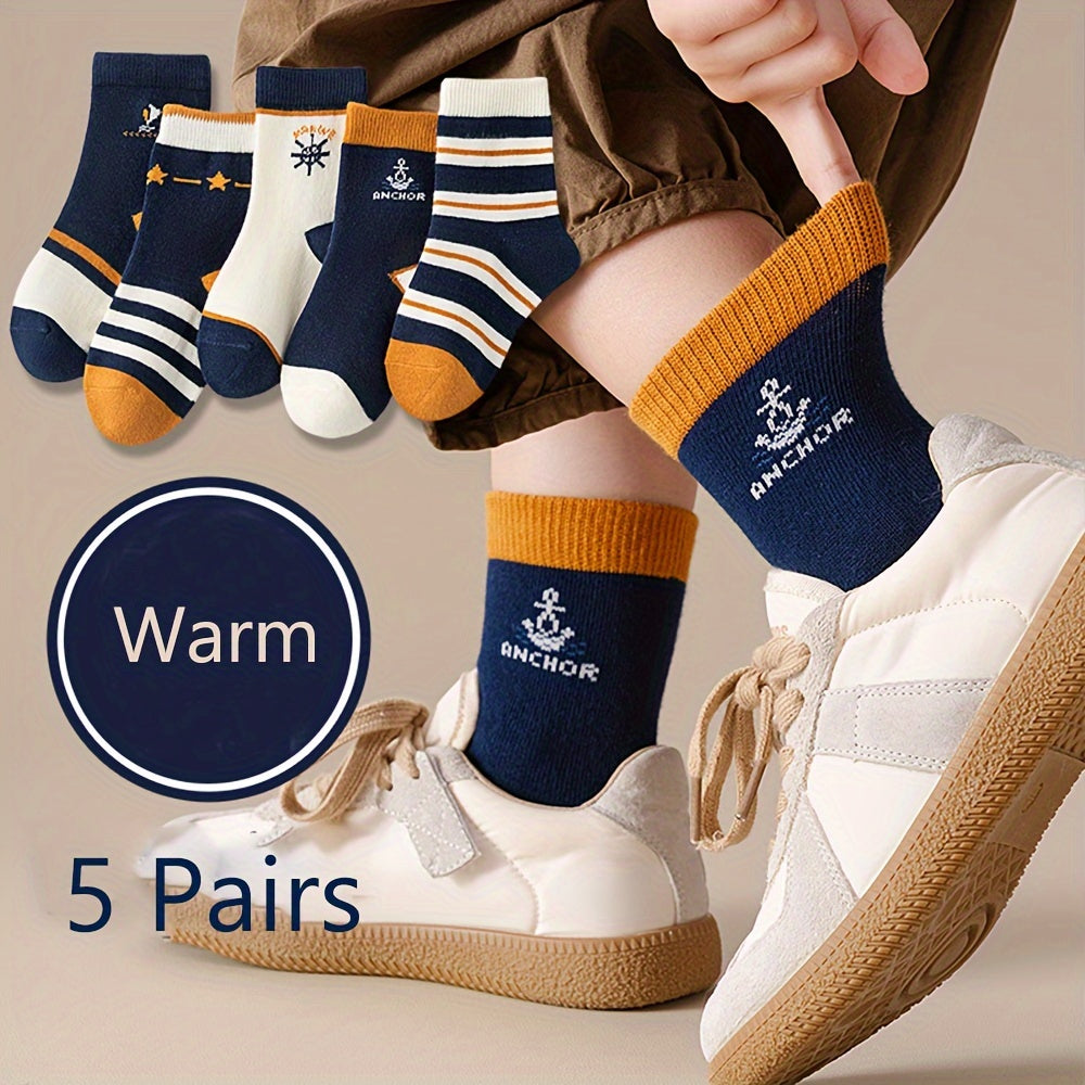 5 pairs of boys' graphic fashion, sports, and warm socks for autumn/winter