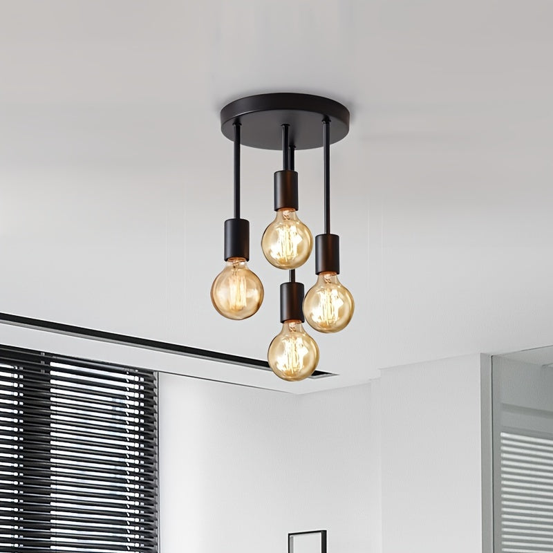 Black ceiling light pendant with 4 lamps in modern satellite design, suitable for E27 bulbs. Ideal for lighting in bedrooms, kitchens, living rooms, and corridors. Bulbs not included.