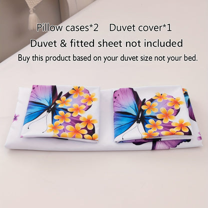 Set of 3 Duvet Cover, Fashionable Butterfly Double Print Bedding Set, Cozy and Soft Duvet Cover, Ideal for Bedroom or Guest Room (Includes: 1 Duvet Cover, 2 Pillowcases, Core not included)