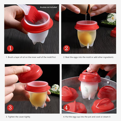 Red silicone egg cups for fluffy steamed eggs, perfect for home cooking and baking.