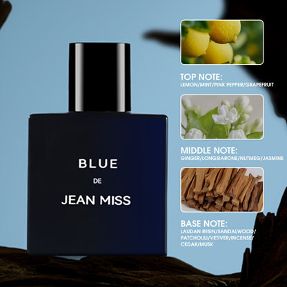 Men's perfume suit with blue cologne, wood fragrance, and lasting freshness in an authentic gift box for students.