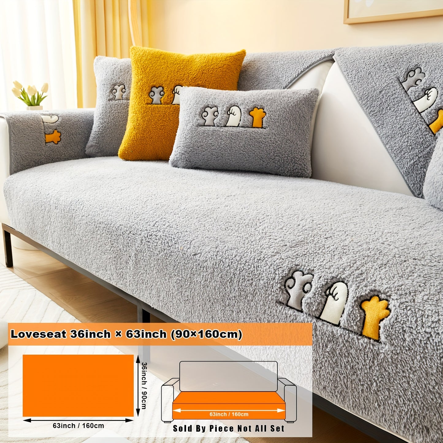 Modern plush sofa cover with paw pattern embroidery, non-slip protection for sofas, machine washable and suitable for various types of furniture.