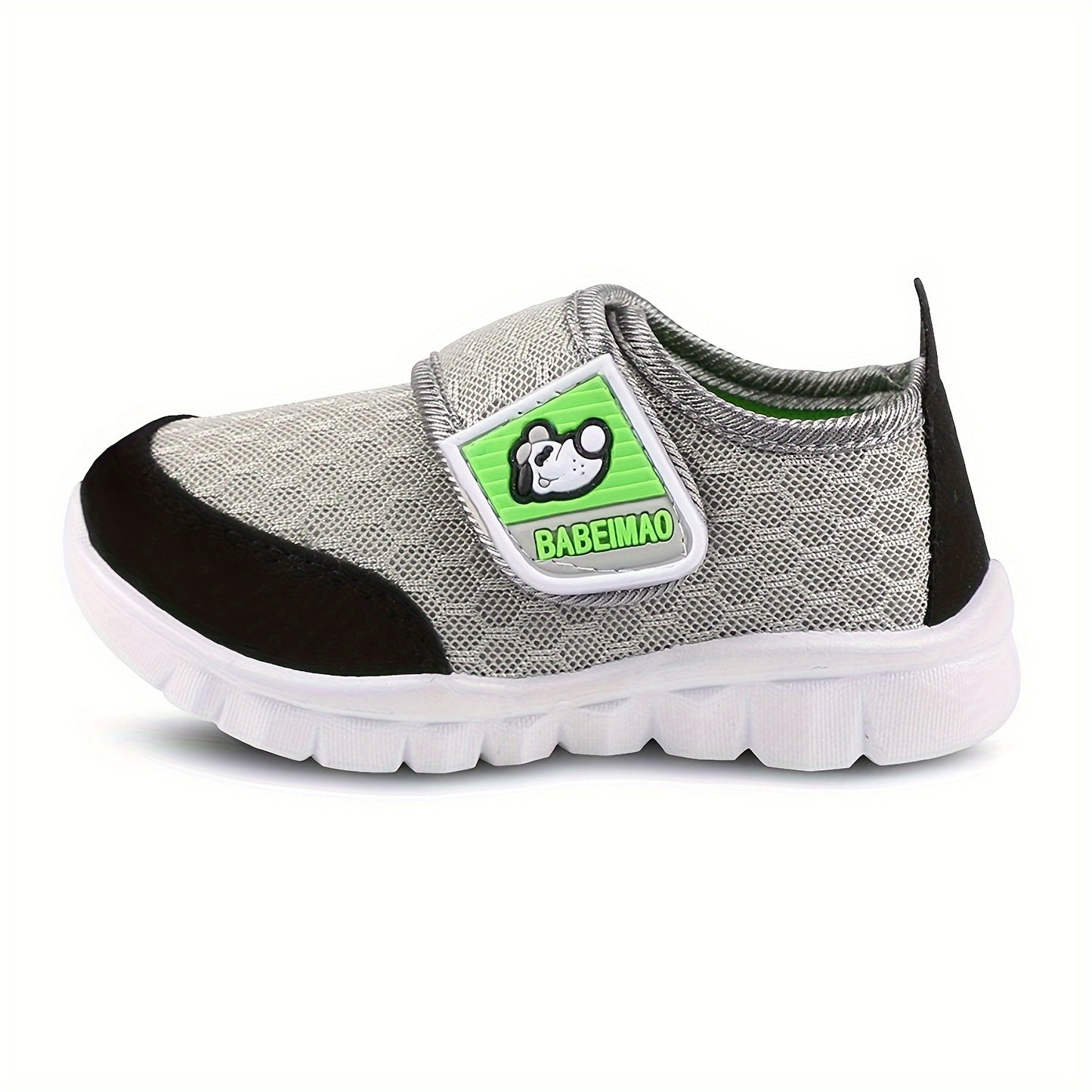 Breathable mesh sneakers with hook-and-loop strap, rubber sole, light gray with black accents for boys.