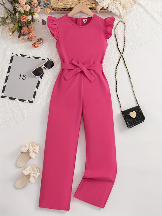 Teen Girls summer jumpsuit with ruffle trim, belt, and crew neck for outdoor wear.