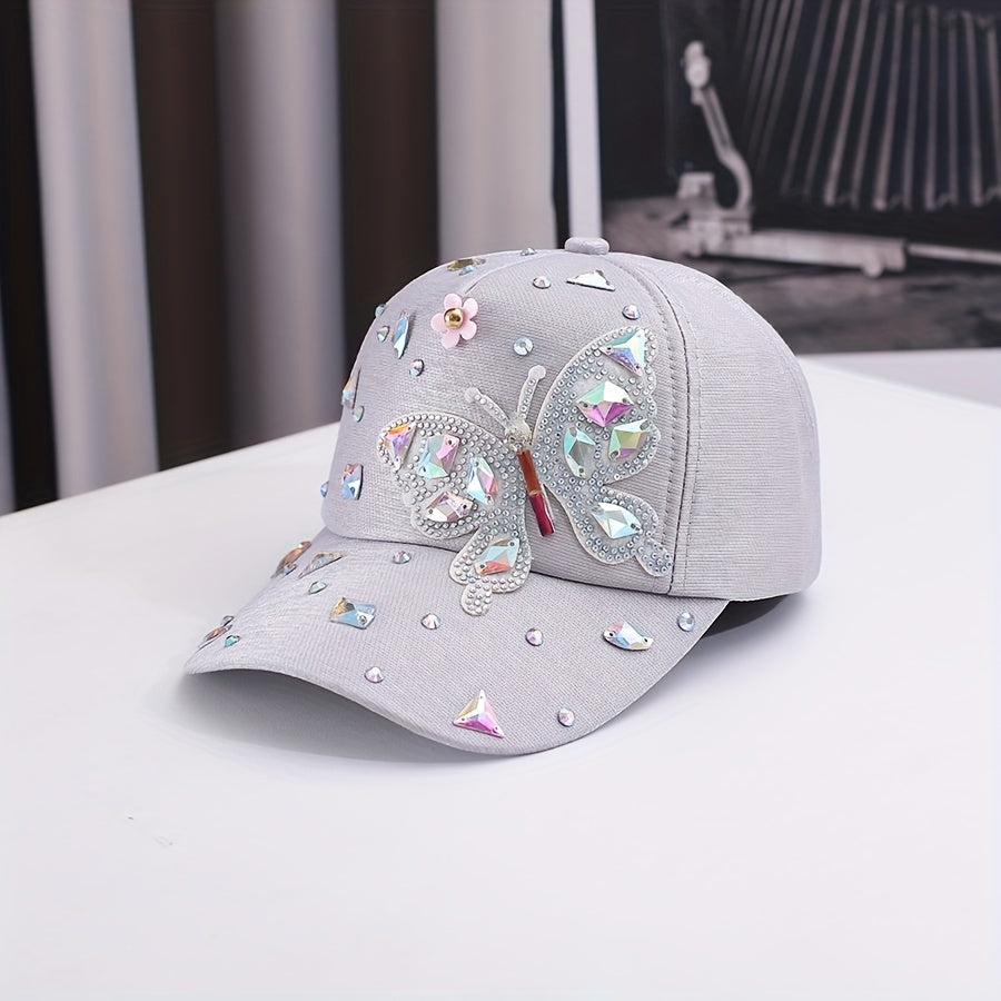 Lightweight cotton baseball cap with butterfly embellishments, rhinestone accents, adjustable fit, and woven craftsmanship. Fashionable sun protection hat for special occasions.