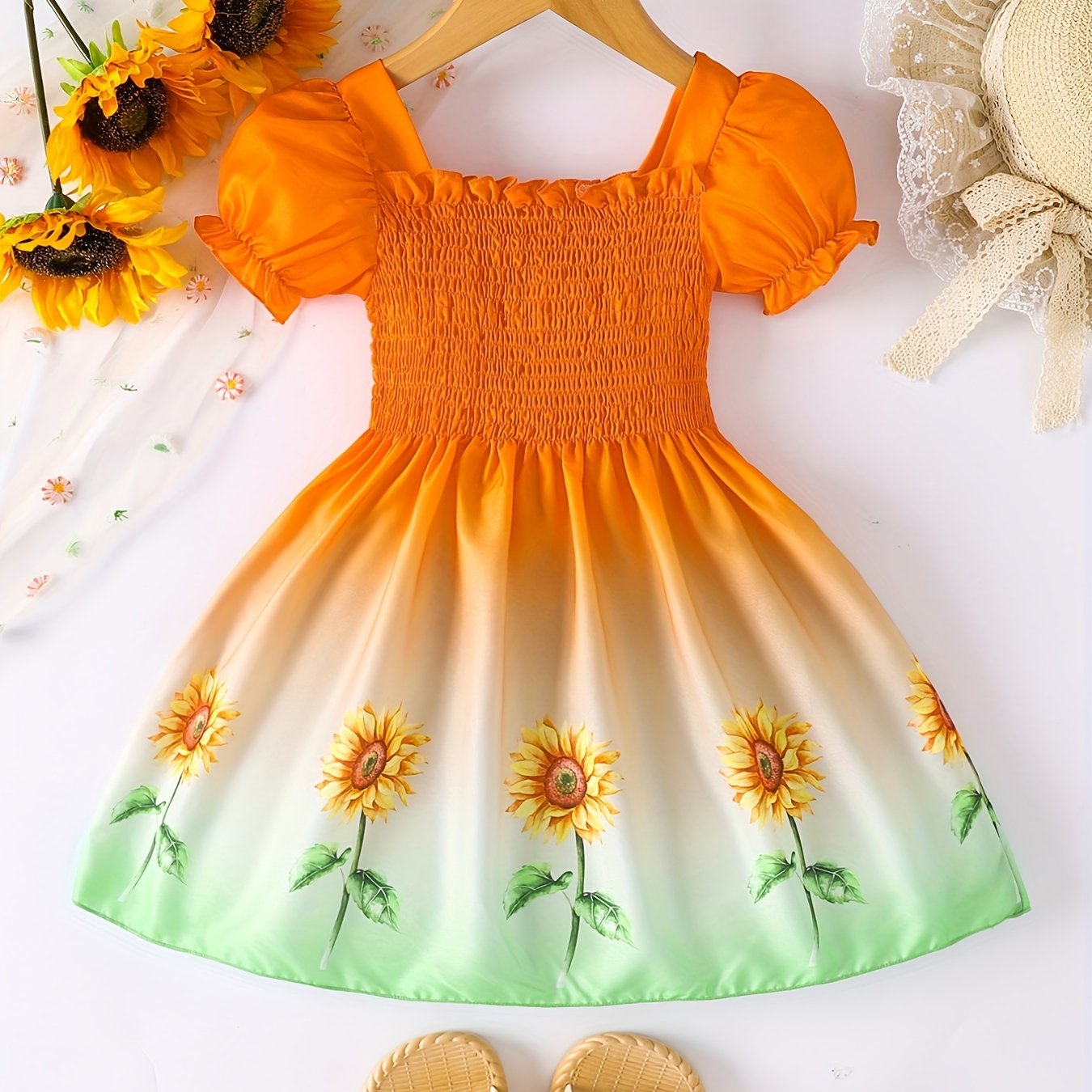 Girls Ombre Sunflower Pattern Princess Dress for Kids Casual Summer 4th Of July.