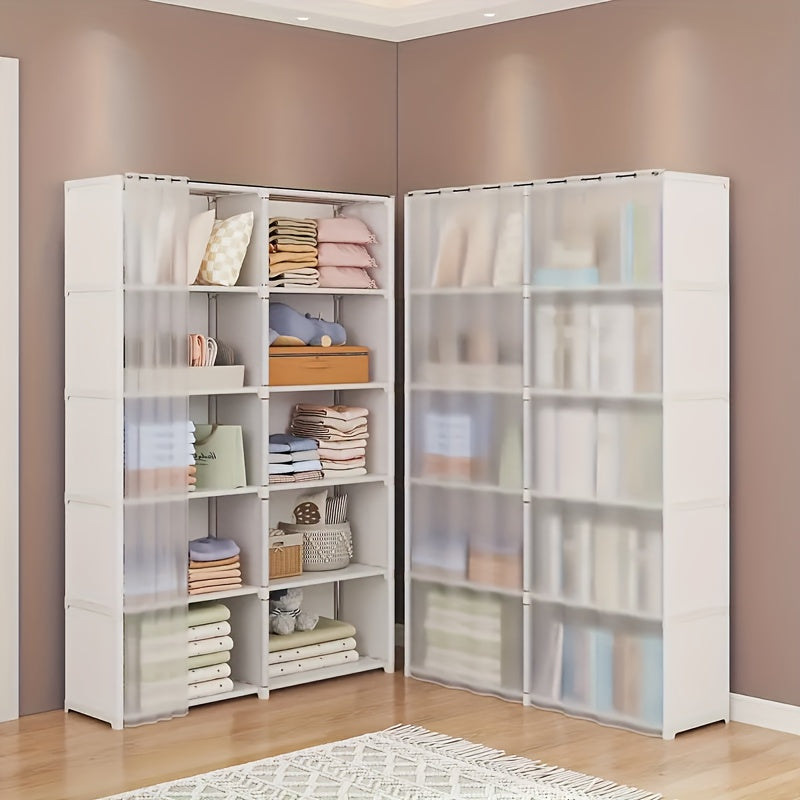 Simple to put together, this multi-layer storage organizer is made of metal and has dustproof shelving. It is perfect for use in bedrooms, classrooms, rentals, and dorm rooms. The freestanding closet system has over 3.2 cubic feet of enclosed storage