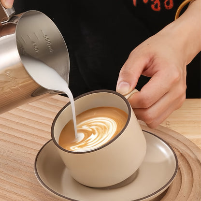 Stainless Steel Coffee Latte Art Cup - Perfect Milk Frothing Cup for Professional Latte Art - Embossed Milk Can with Scale - Ideal for Cappuccino, Lattes, and Milk Tea - Premium Quality Milk Froth Cup