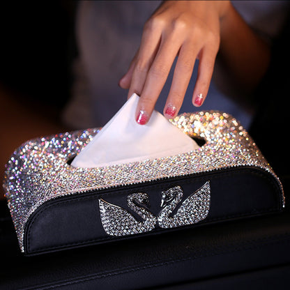 Sparkling Swan Rhinestone Car Tissue Box - Stylishly pump paper in your car!