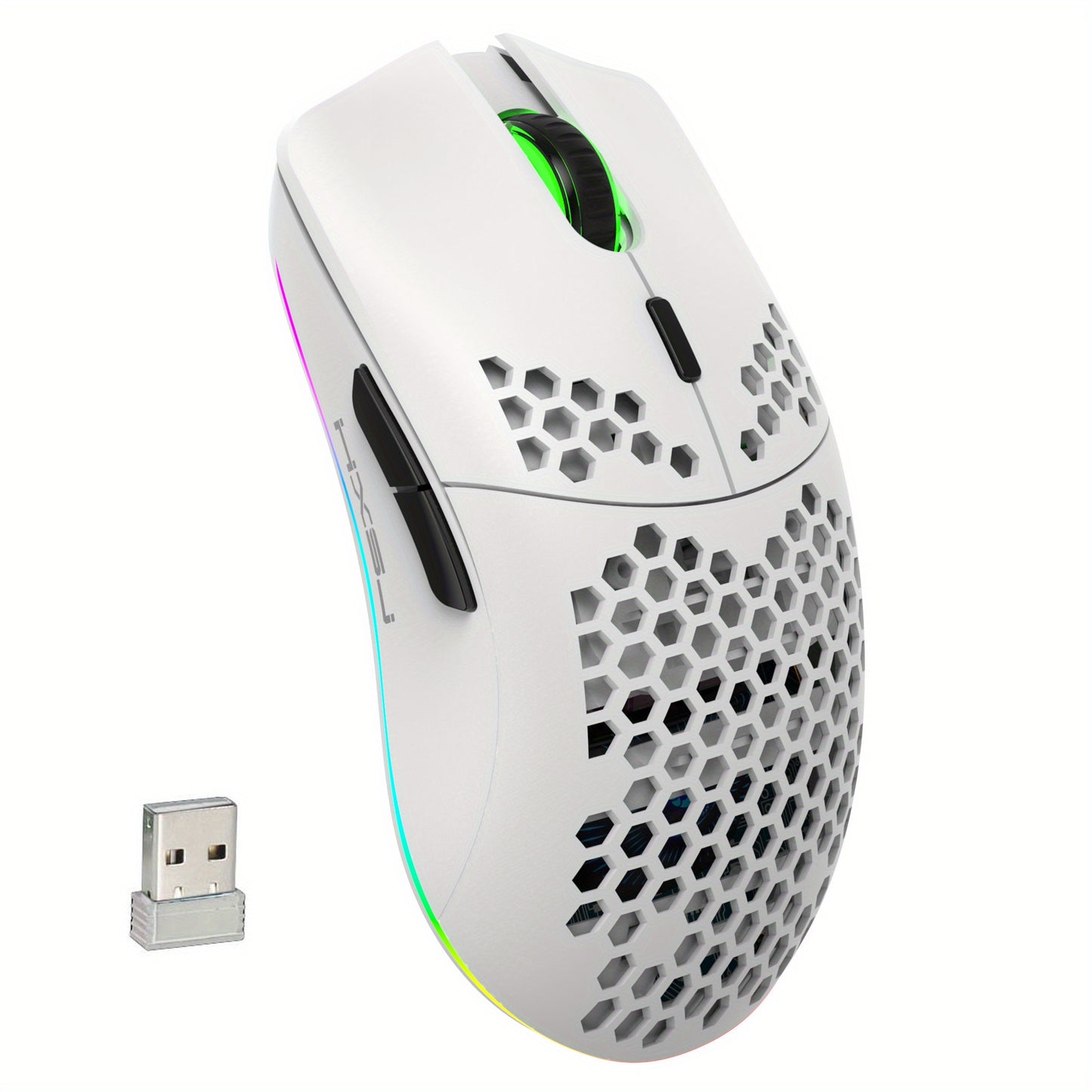 Wireless gaming mouse with RGB lighting, rechargeable, honeycomb design, USB plug & play, and right-handed comfort in white.