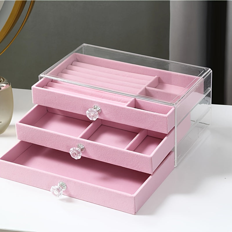 3-Layer Acrylic Jewelry Box with Flannel Lining and Large Capacity Drawer Organizer | Transparent Design with Dust Protection | Ideal for Earrings, Necklaces, and Rings.