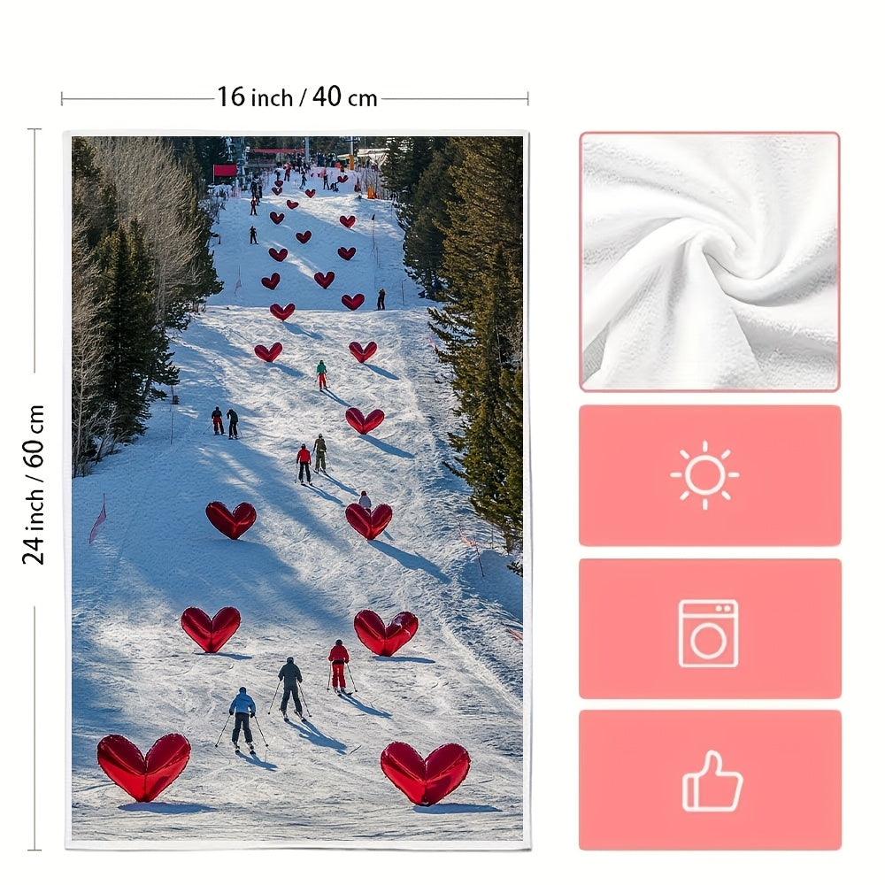 A set of two ultra soft polyester kitchen towels, designed for high absorbency and easy machine washing. These contemporary rectangular dish hand towels feature a coastal theme with a heart flags ski slope design. Each towel measures 40.64x60.96 cm.