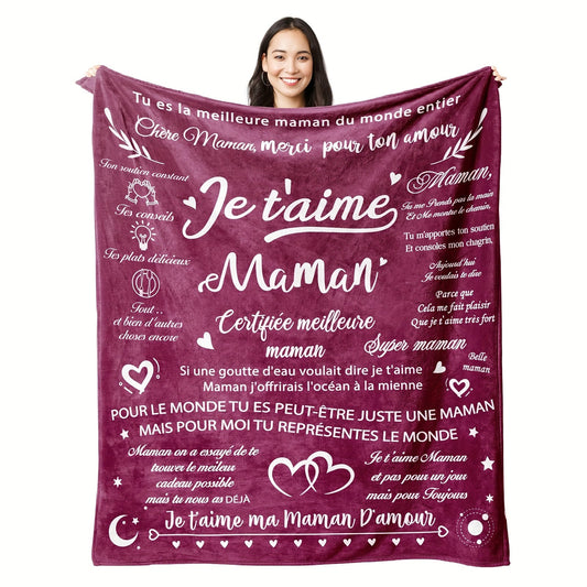 Show your love for Mom with the 'Je t'aime Mamman' French Letter Printed Fleece Blanket! This warm and cozy gift is perfect for any season and can be machine washed for easy care.