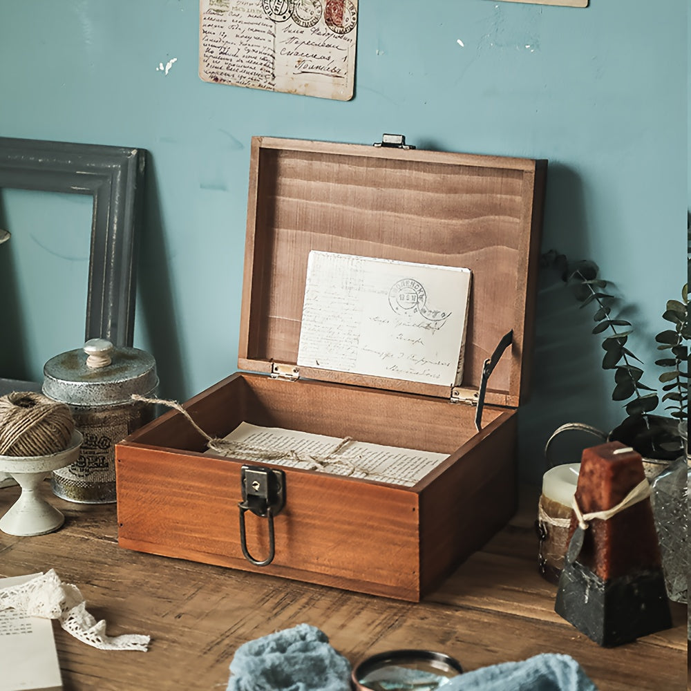 Handcrafted wooden storage box with lock for desk organization, not waterproof, suitable for cosmetics, sundries, and documents.