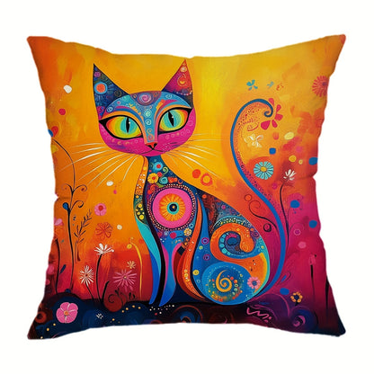 Folk art style black cat throw pillow cover with sun and flowers design. Made of 100% polyester, hand wash only. Features zipper closure, suitable for couch, sofa, living room, bedroom. Available in two sizes: 29.97cm X 50.04cm and 44.96cm X 44.96cm.