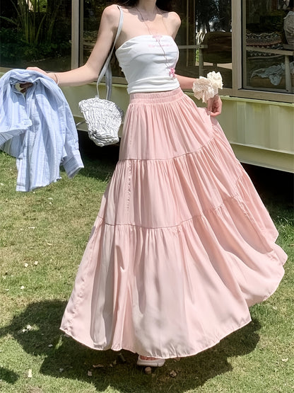 Women's elegant tiered A-line long skirt made of 100% polyester with lining, elastic high-waist, flared hem, loose fit, suitable for spring/summer/fall fashion.