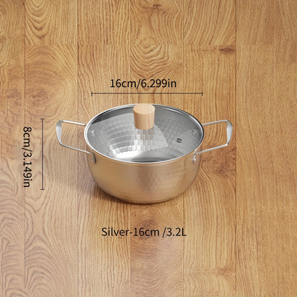 A stainless steel soup pot with two handles for home use, perfect for cooking instant noodles and boiling milk on a gas stove, in a shiny silver color.