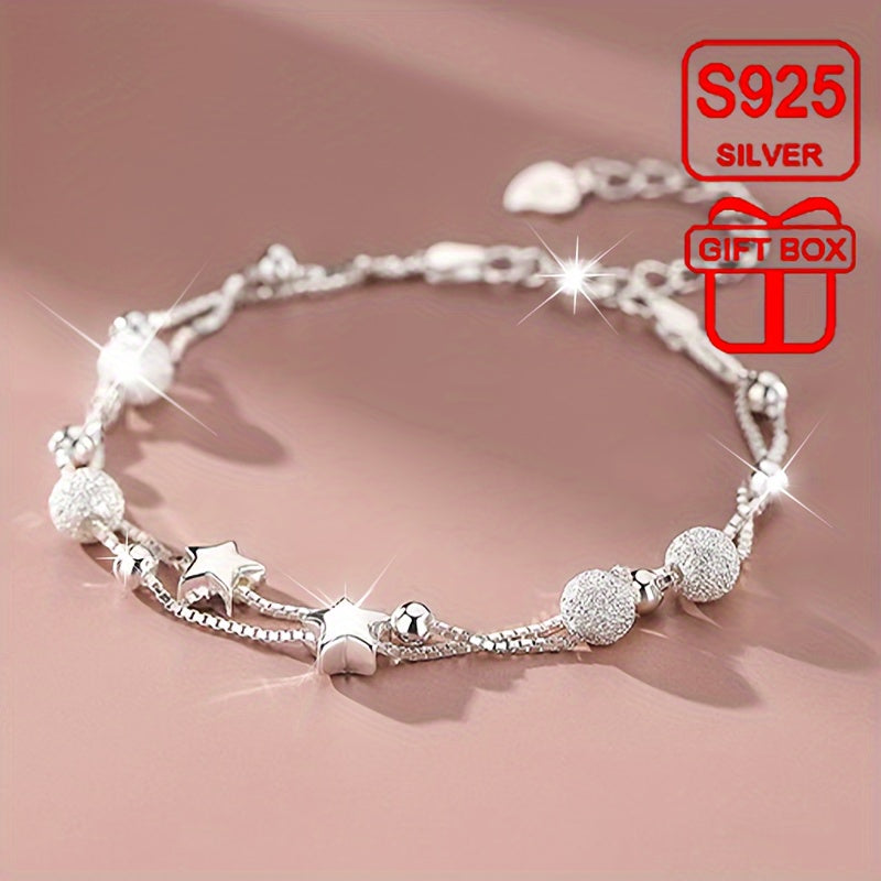 Double-layer Star Hypoallergenic Bracelet in 925 Silver for Women, Stylish Retro Luxury Design. Perfect for Mother's Day or Music Festival. Comes in an Anti-oxidation Gift Box.