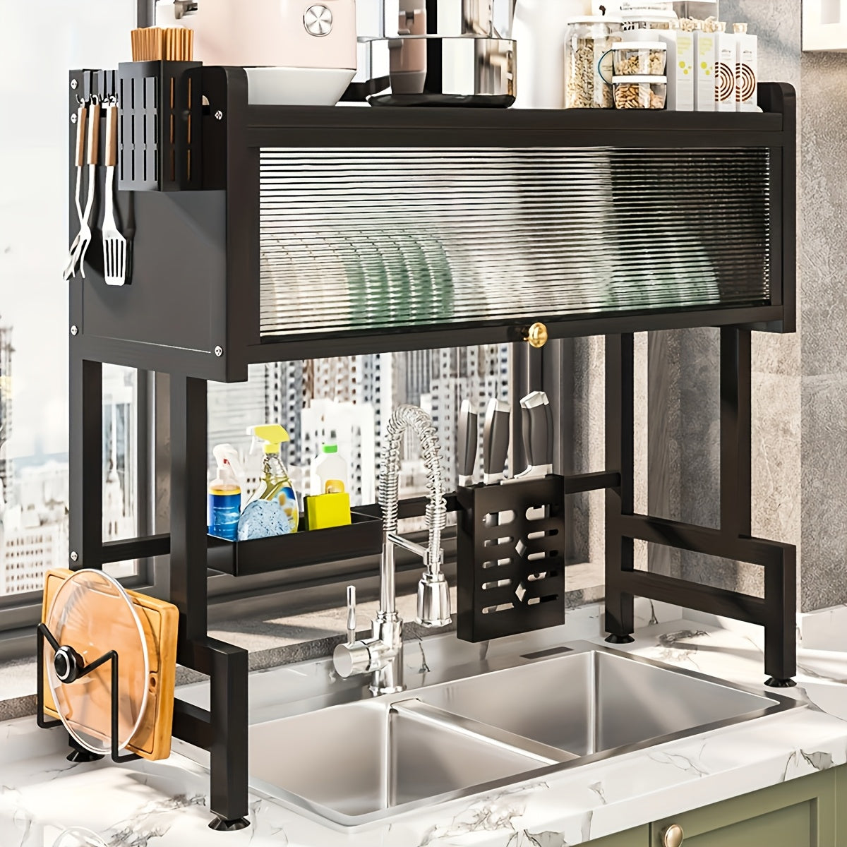 Keep your kitchen sink organized with this versatile black cast iron organizer. Includes a dust cover and multiple compartments for storing dishes, utensils, knives, cutting boards, and more. Plus, built-in hooks for drainage and added storage space.