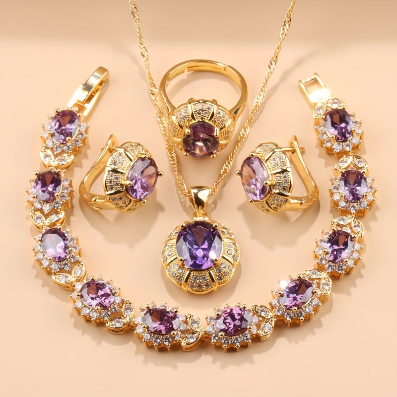 Opulent 5-Piece Women's Jewelry Set - Featuring Earrings, Necklace, Ring & Bracelet adorned with Shimmering Cubic Zirconia - Ideal for Weddings & Special Occasions