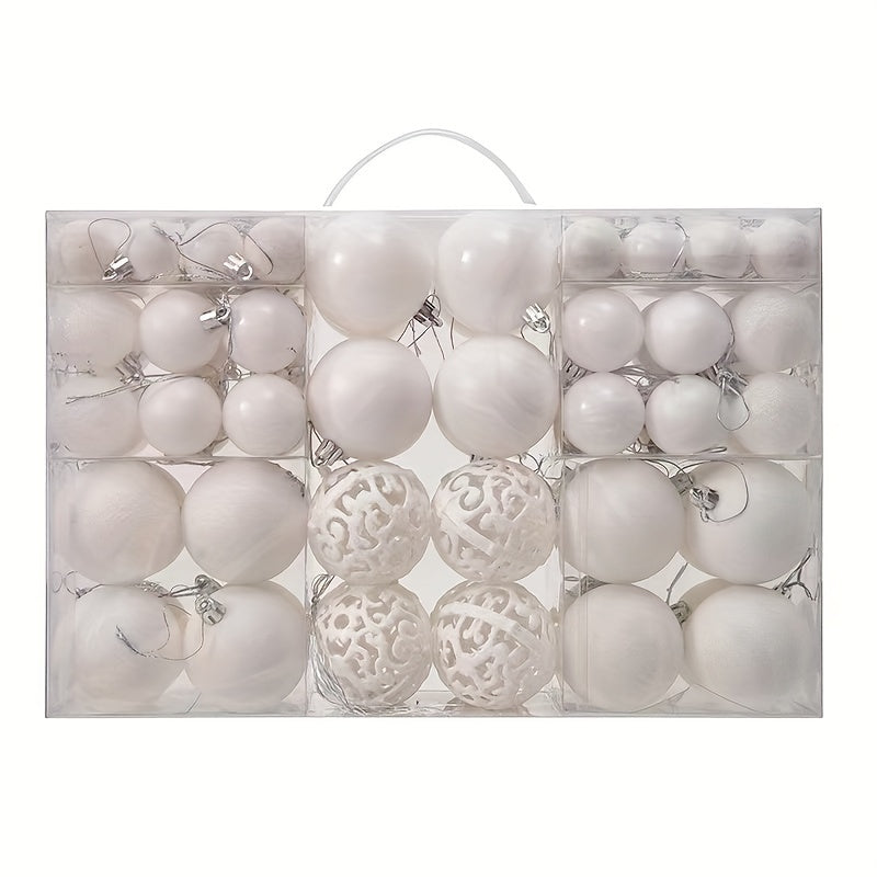 100-piece set of shatterproof plastic Christmas ball ornaments in a hand-held gift box, suitable for holiday decoration. No feathers included.