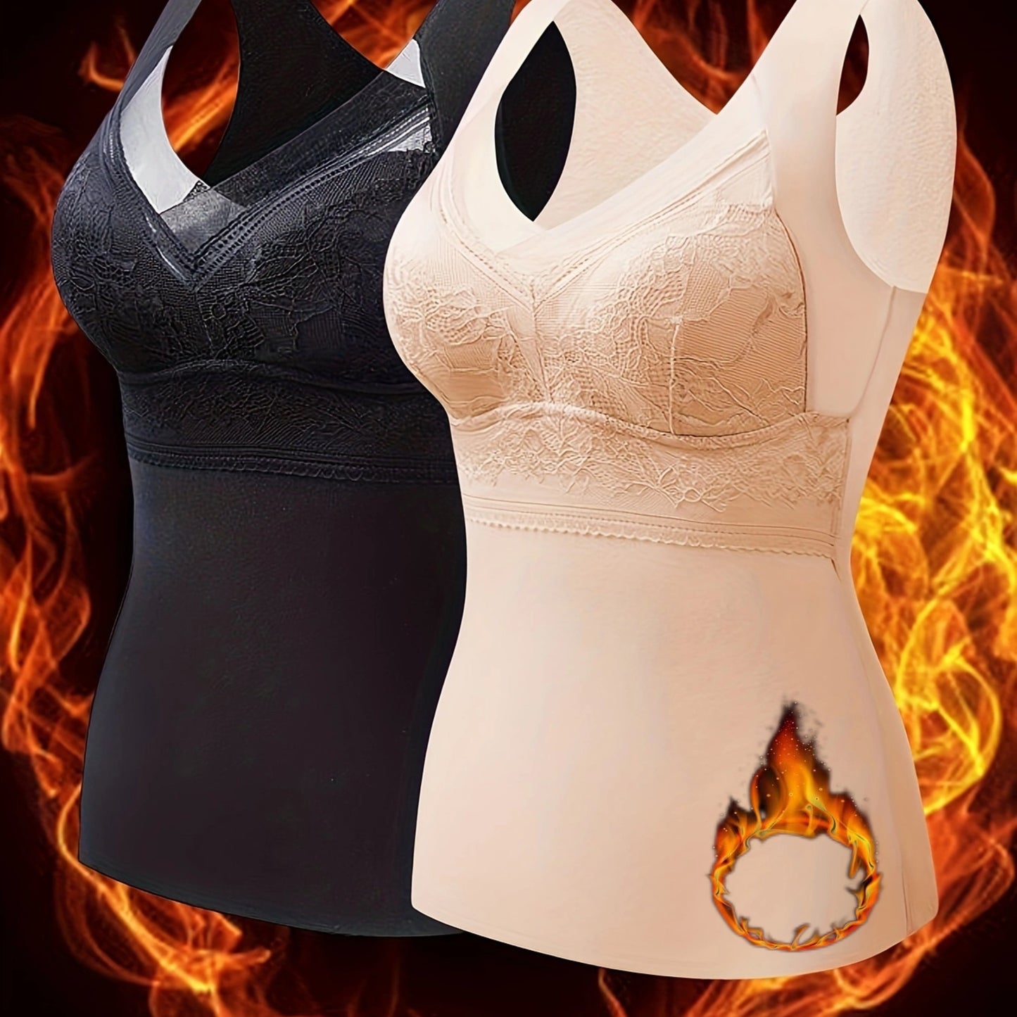 2-Pack Women's Thermal Velvet Camisoles with Built-in Bra and Lace V-Neck, Winter Warm Fleece Lined, Black & Beige