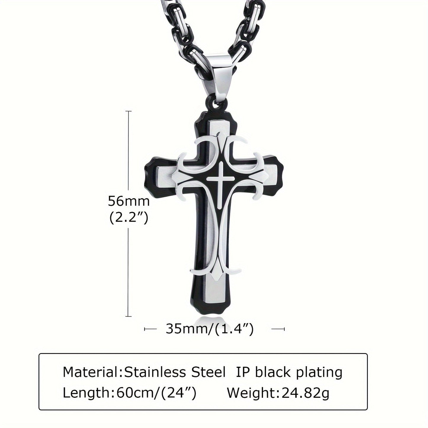 Men's Fashionable Byzantine Necklace with Double-layer Stainless Steel Cross Pendant