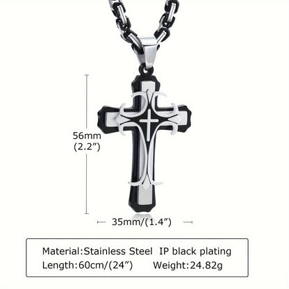 Men's Fashionable Byzantine Necklace with Double-layer Stainless Steel Cross Pendant