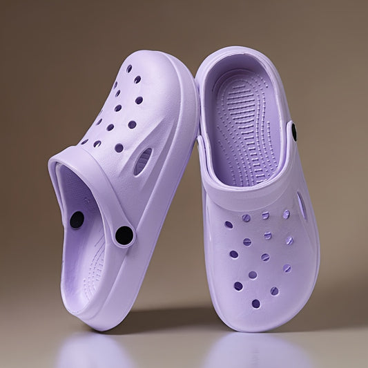 EVA solid color clogs with lightweight flat sole, breathable hollow design for home, garden, and beach.