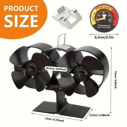 Wood stove fan with dual motor, 8 blade design, and magnetic thermometer. Perfect for use with eco-friendly heat sources like wood burning stoves, wood pellets, and more during the winter months.