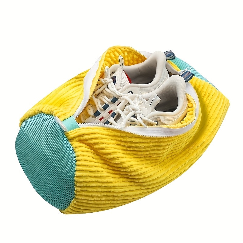 1pc Chenille Oval Shoe Cleaning Bag with Zipper Closure for Sports Shoe Maintenance and Deformation Prevention, Washable and Convenient.