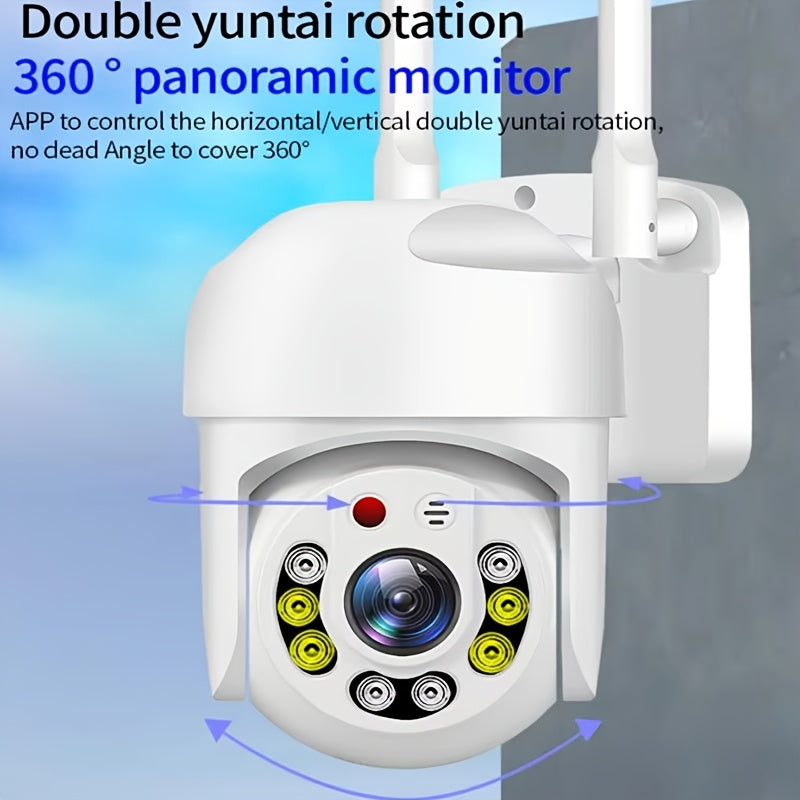 Outdoor WiFi security camera with 2MP HD resolution, IP66 waterproof rating, PTZ function, and audio capabilities. Features AI motion detection, two-way intercom, 1080p night vision, and USB power. Compatible with smartphones and operates on a wireless