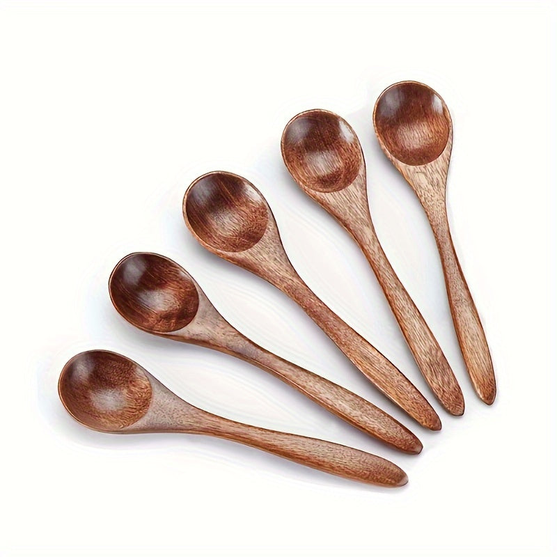 Set of 5 handcrafted Japanese wooden spoons for coffee, honey, and seasoning. Rustic small teaspoons with natural finish for cooking and serving.