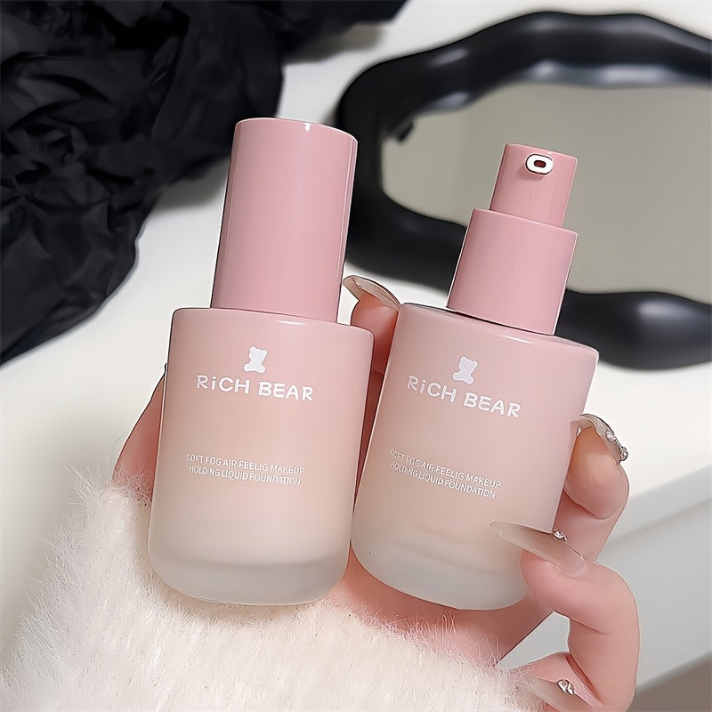 RichBear Soft Mist Long-lasting Liquid Matte Foundation with Oil Control, Concealer, Hydrating, Brightening, Waterproof, and Sweatproof properties.