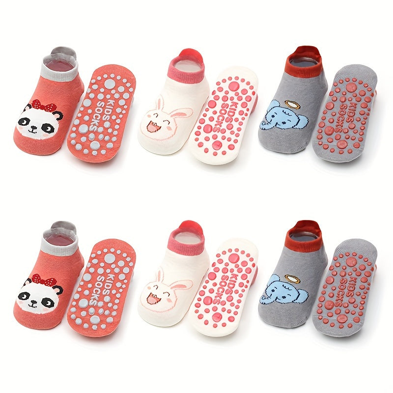 6 pairs of baby boys' non-slip cotton socks with cute cartoon animal patterns for infants learning to walk.