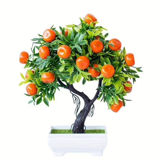 Artificial Orange Tree Bonsai with realistic green foliage, ideal for home and office decor. Comes with white pot and moss base, great for gifting on various occasions.