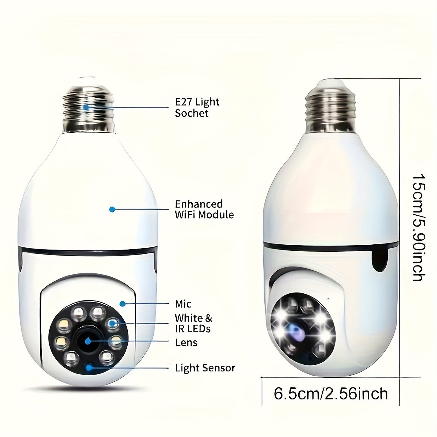 Introducing the YIIYRY Smart WiFi Bulb Camera with E27 Connector - featuring 360° Pan/Tilt, Motion Detection, Two-Way Audio, and Indoor/Outdoor Security. This camera is USB powered (no battery required) and brought to you by YIIYRY.