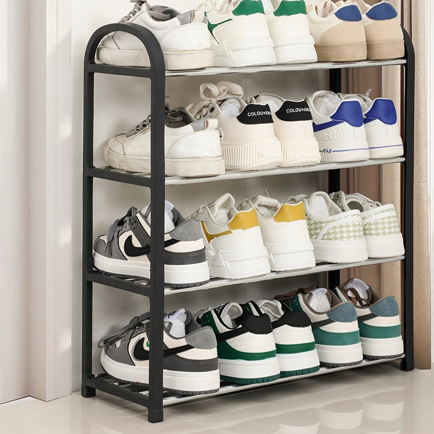 This stainless steel shoe rack features four tiers and is perfect for storing small shoes in entryways, hallways, and closets. The stackable design saves space, and the heavy-duty metal construction ensures durability. Ideal for organizing shoes in