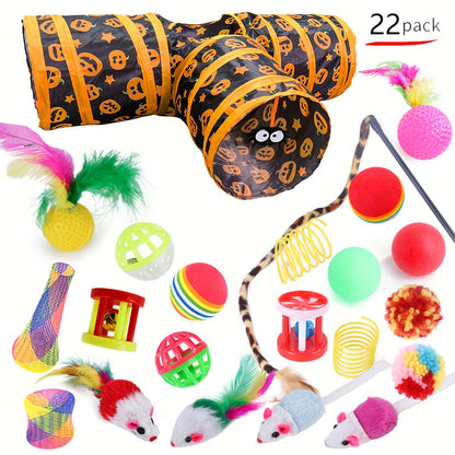 22-piece cat toy set with tunnel, crinkle balls, feathers, and playballs for interactive play, perfect for indoor cats.