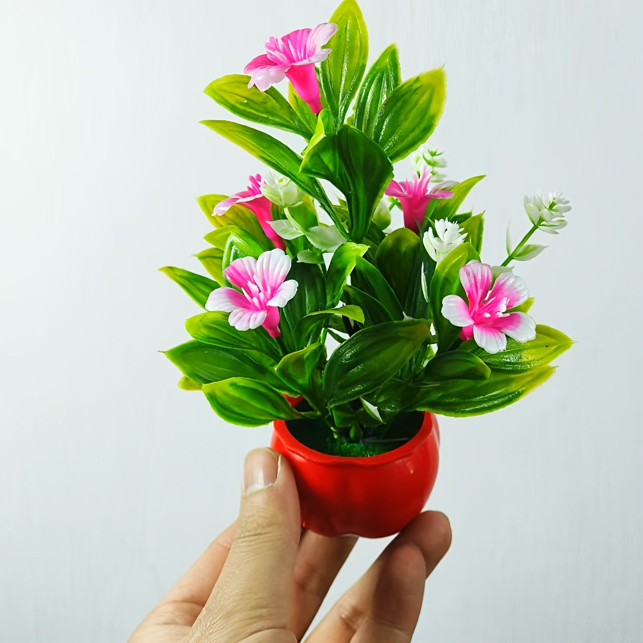 3 mini artificial potted plants with vibrant red pots - perfect for home, office, kitchen, and special occasions.